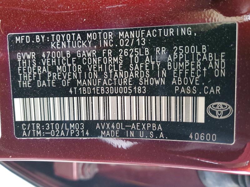 2013 Toyota Avalon Hybrid მანქანა იყიდება აუქციონზე, vin: 4T1BD1EB3DU005183, აუქციონის ნომერი: 61842456