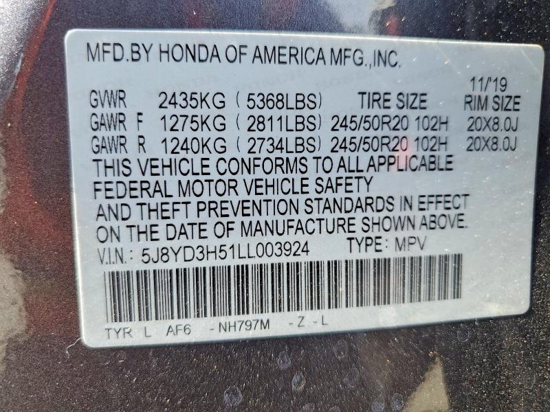 2020 Acura Mdx მანქანა იყიდება აუქციონზე, vin: 5J8YD3H51LL003924, აუქციონის ნომერი: 62207056