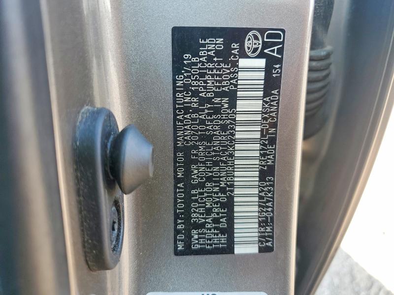59546726 :رقم المزاد ، 2T1BURHE3KC233705 vin ، 2019 Toyota Corolla مزاد بيع