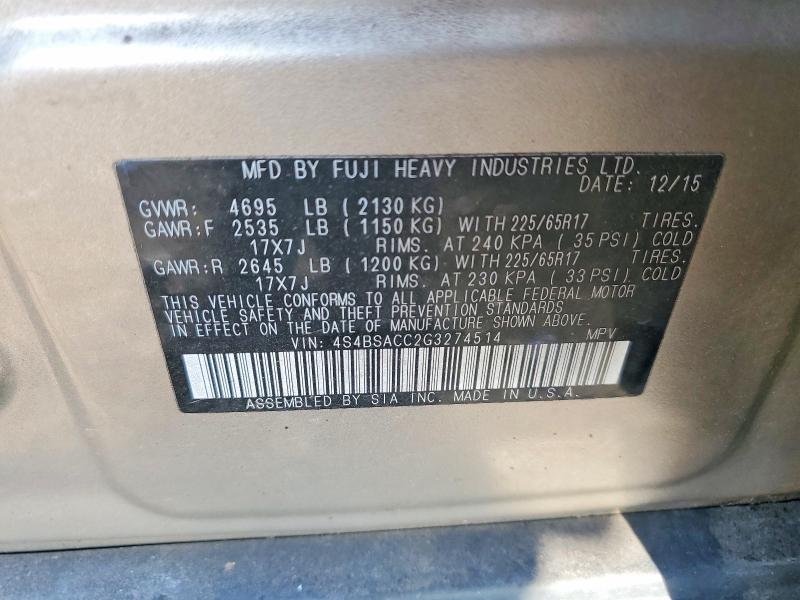 Продажа на аукционе авто 2016 Subaru Outback, vin: 4S4BSACC2G3274514, номер лота: 58606056