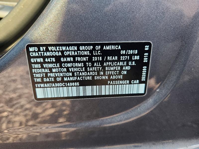2013 Volkswagen Passat მანქანა იყიდება აუქციონზე, vin: 1VWAH7A30DC149685, აუქციონის ნომერი: 62961426