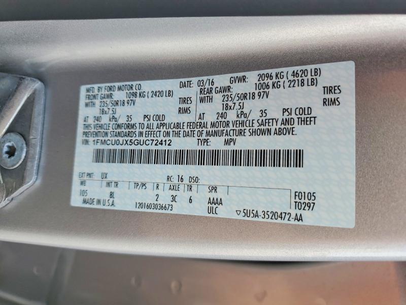 Продажа на аукционе авто 2016 Ford Escape, vin: 1FMCU0JX5GUC72412, номер лота: 61129786