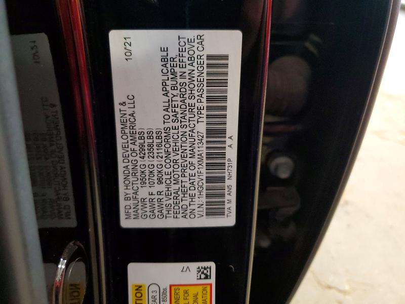 2021 Honda Accord მანქანა იყიდება აუქციონზე, vin: 1HGCV1F1XMA113427, აუქციონის ნომერი: 60765186