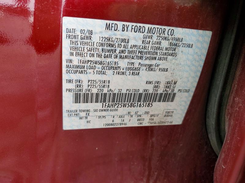 2008 Ford Taurus მანქანა იყიდება აუქციონზე, vin: 1FAHP25W58G165185, აუქციონის ნომერი: 61995326