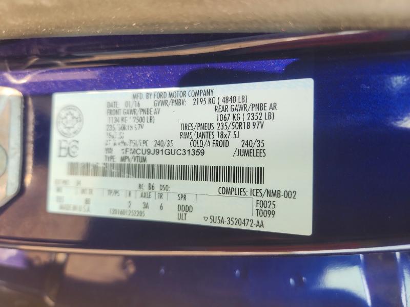 Продаж на аукціоні авто 2016 Ford Escape, vin: 1FMCU9J91GUC31359, номер лоту: 62091816