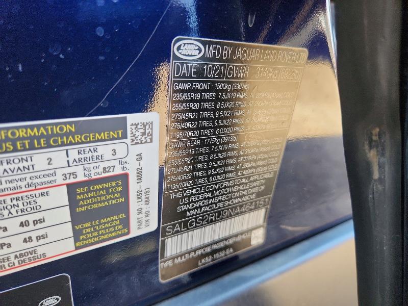 Продаж на аукціоні авто 2022 Land Rover Range Rover, vin: SALGS2RU9NA464151, номер лоту: 59283356