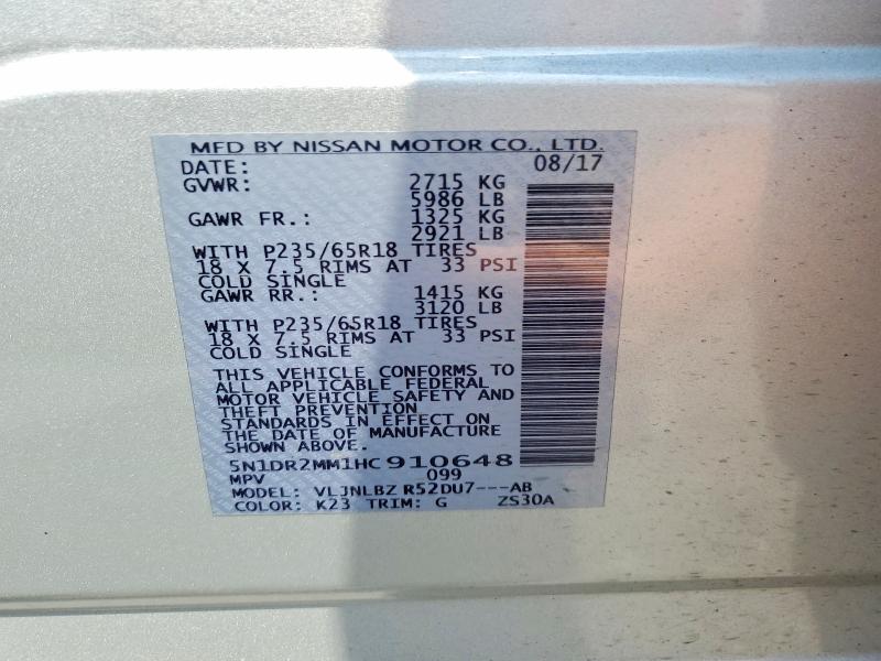 2017 Nissan Pathfinder მანქანა იყიდება აუქციონზე, vin: 5N1DR2MM1HC910648, აუქციონის ნომერი: 60938386