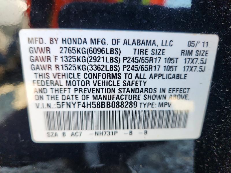 Aukcja sprzedaży 2011 Honda Pilot, vin: 5FNYF4H58BB088289, numer aukcji: 62779886