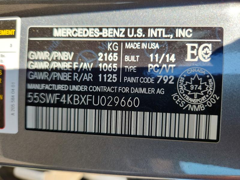 61179706 :رقم المزاد ، 55SWF4KBXFU029660 vin ، 2015 Mercedes-benz C مزاد بيع