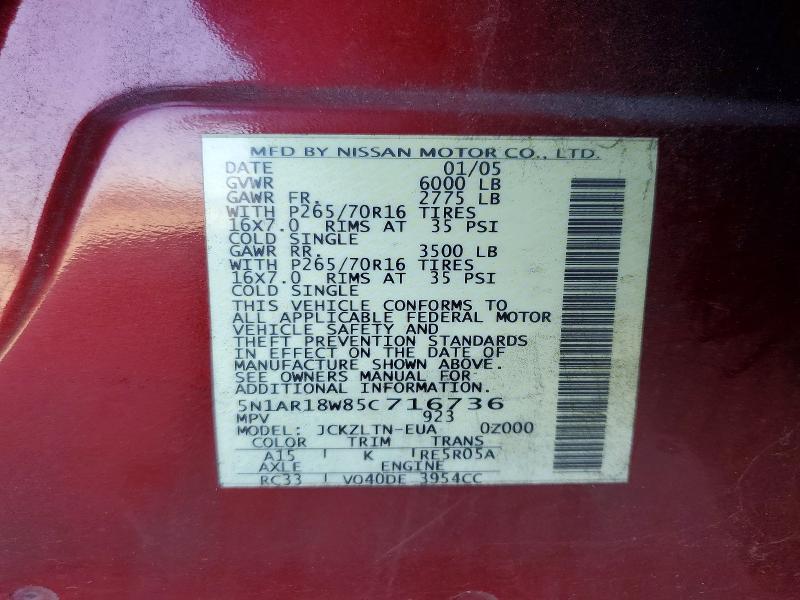 2005 Nissan Pathfinder მანქანა იყიდება აუქციონზე, vin: 5N1AR18W85C716736, აუქციონის ნომერი: 62116486