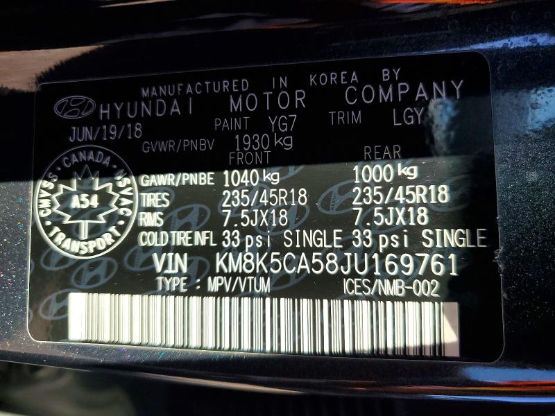 62804656 :رقم المزاد ، KM8K5CA58JU169761 vin ، 2018 Hyundai Kona مزاد بيع