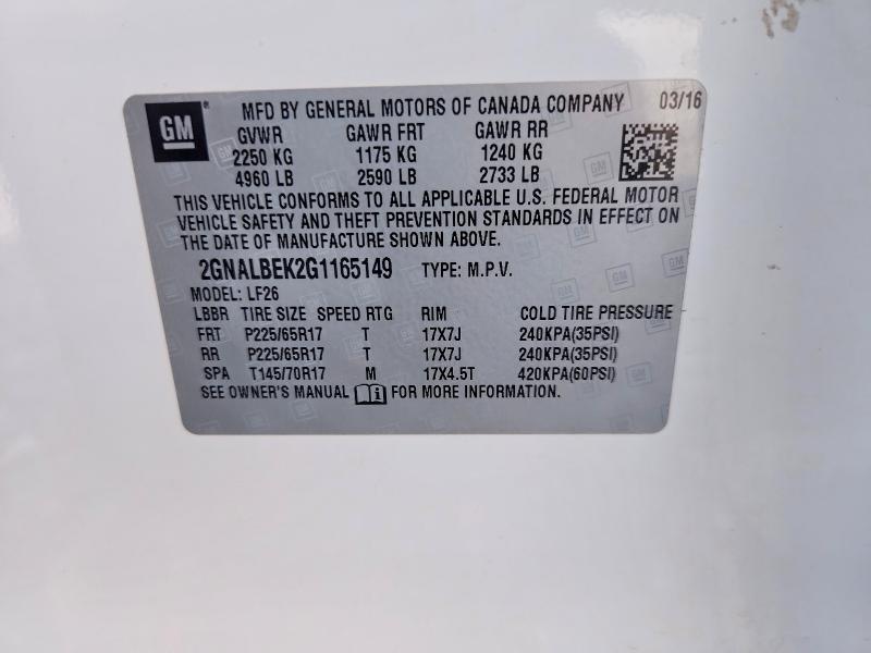59996856 :رقم المزاد ، 2GNALBEK2G1165149 vin ، 2016 Chevrolet Equinox مزاد بيع