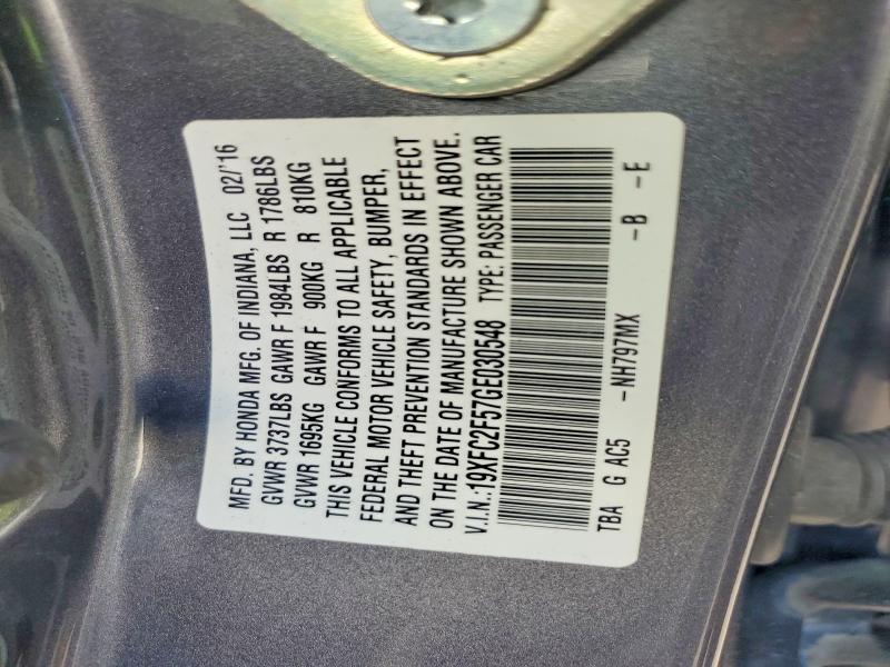 2016 Honda Civic მანქანა იყიდება აუქციონზე, vin: 19XFC2F57GE030548, აუქციონის ნომერი: 59840686