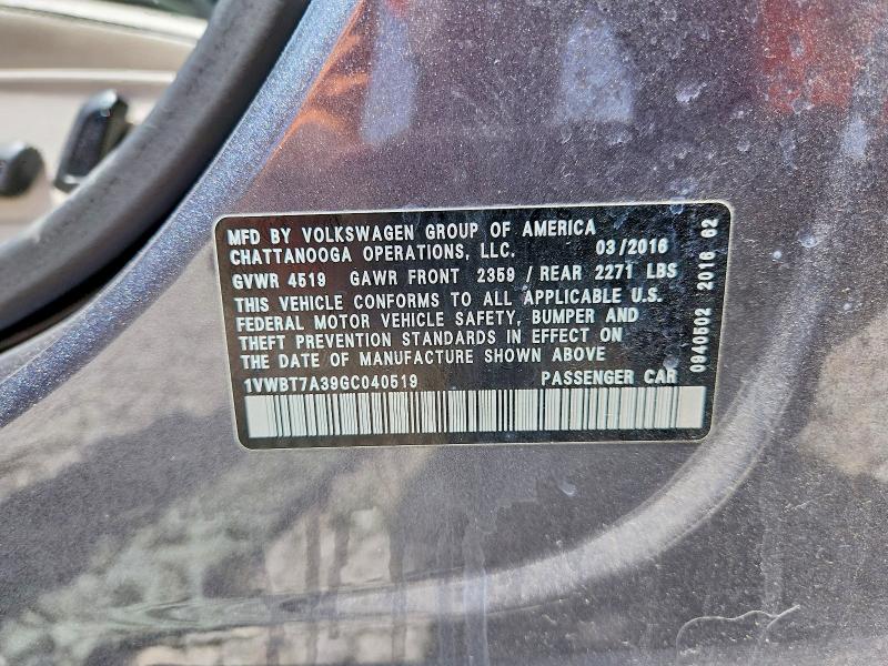 Продаж на аукціоні авто 2016 Volkswagen Passat, vin: 1VWBT7A39GC040519, номер лоту: 61869046