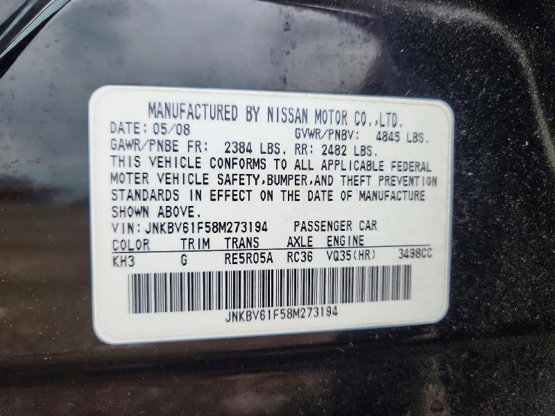 Aukcja sprzedaży 2008 Infiniti G35, vin: JNKBV61F58M273194, numer aukcji: 63109826