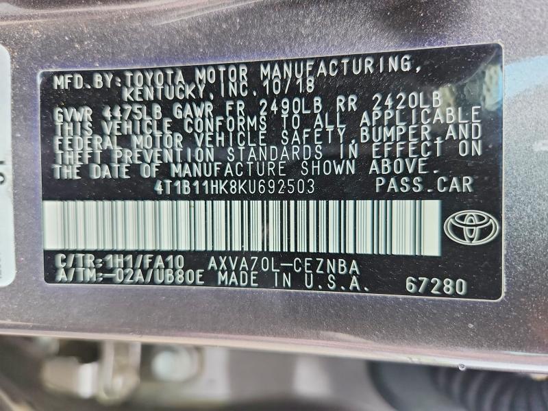 Aukcja sprzedaży 2019 Toyota Camry, vin: 4T1B11HK8KU692503, numer aukcji: 63239166