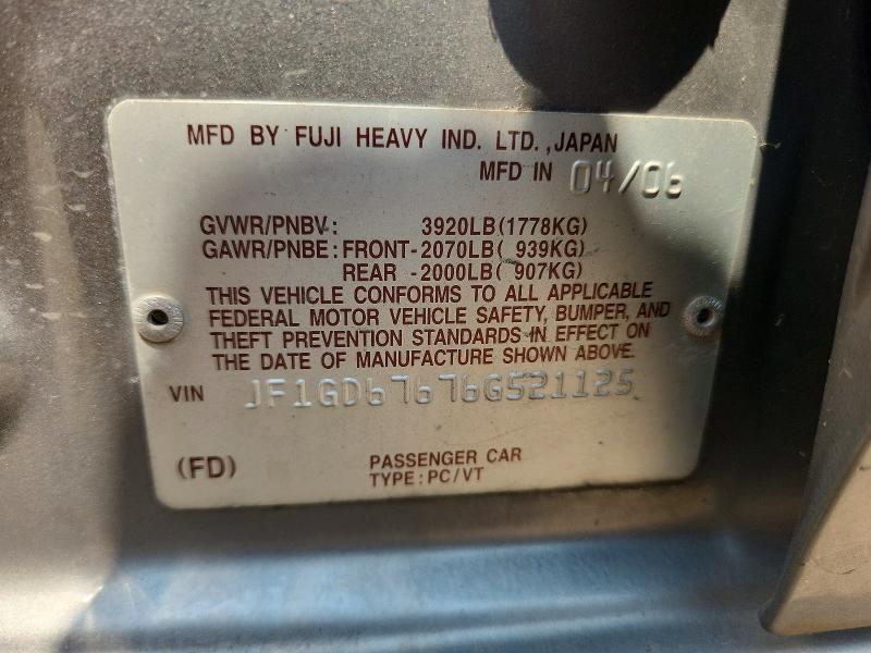 Aukcja sprzedaży 2006 Subaru Impreza, vin: JF1GD67676G521125, numer aukcji: 62218316