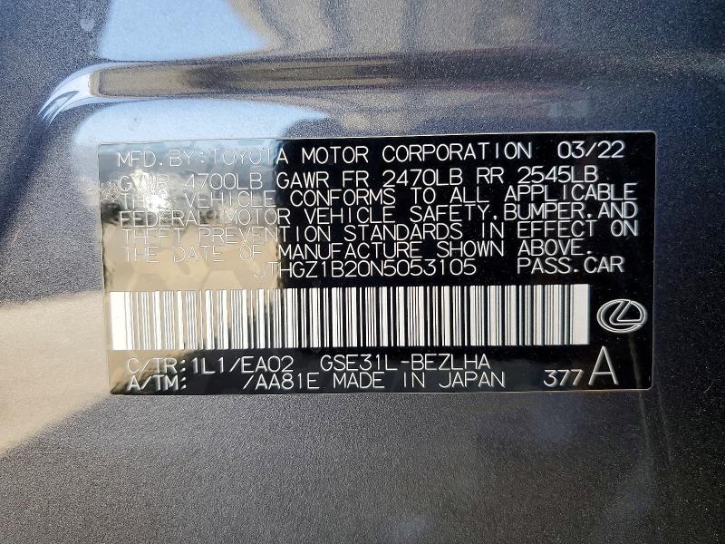 Aukcja sprzedaży 2022 Lexus Is, vin: JTHGZ1B20N5053105, numer aukcji: 60522276