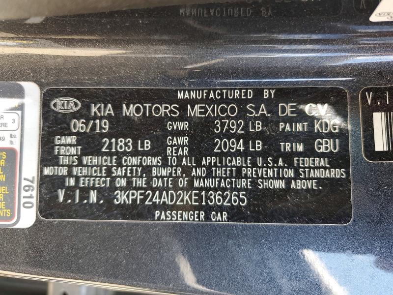 2019 Kia Forte მანქანა იყიდება აუქციონზე, vin: 3KPF24AD2KE136265, აუქციონის ნომერი: 62725836