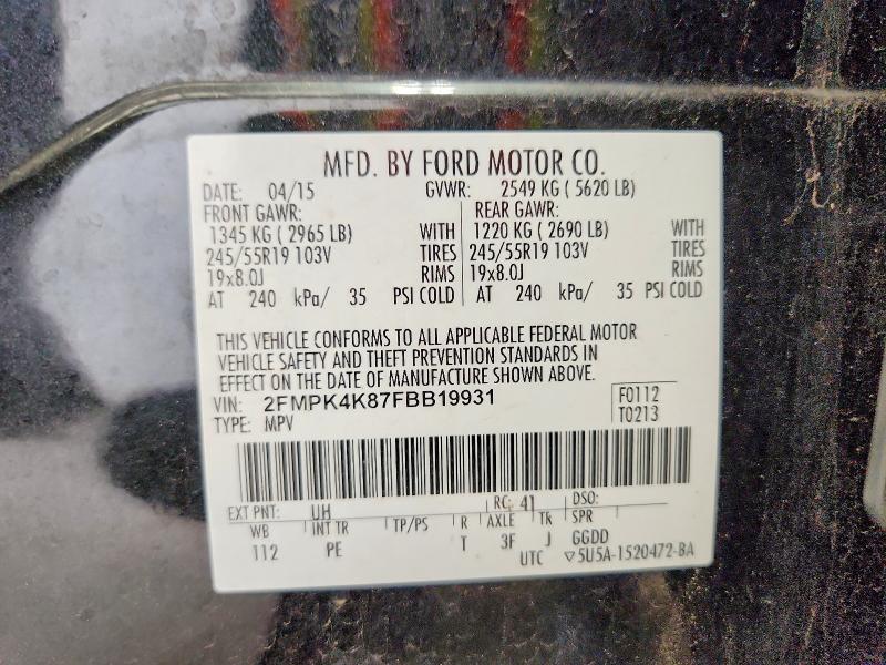 2015 Ford Edge მანქანა იყიდება აუქციონზე, vin: 2FMPK4K87FBB19931, აუქციონის ნომერი: 60848686