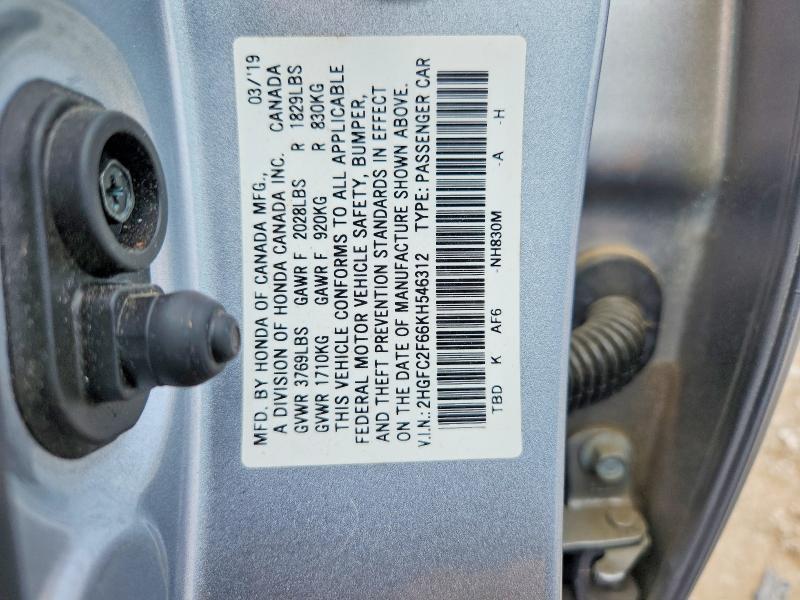 Продаж на аукціоні авто 2019 Honda Civic, vin: 2HGFC2F66KH546312, номер лоту: 60056636