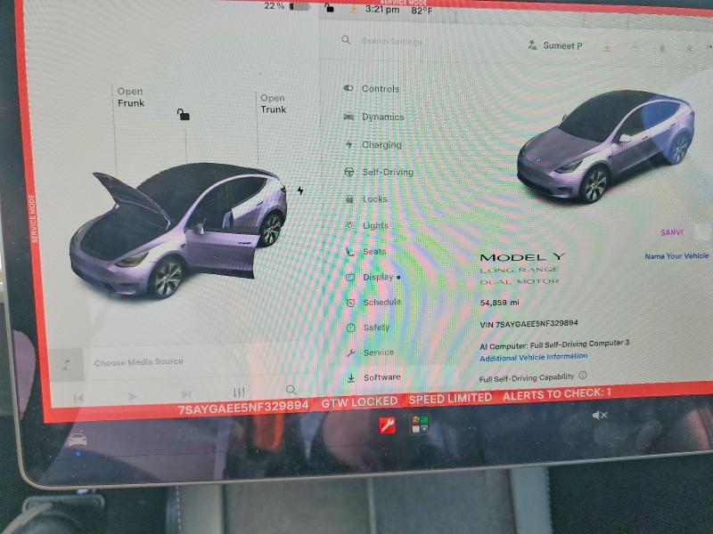 62052916 :رقم المزاد ، 7SAYGAEE5NF329894 vin ، 2022 Tesla Model Y مزاد بيع