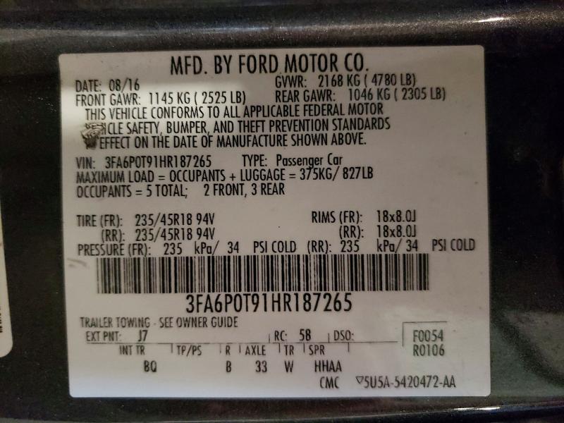Продажа на аукционе авто 2017 Ford Fusion, vin: 3FA6P0T91HR187265, номер лота: 59241136