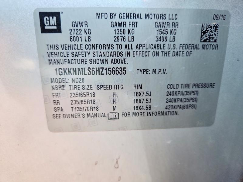 60743036 :رقم المزاد ، 1GKKNMLS6HZ156635 vin ، 2017 Gmc Acadia مزاد بيع