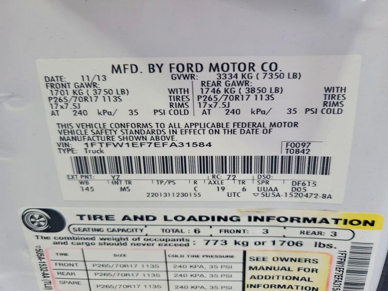 2014 Ford F150 მანქანა იყიდება აუქციონზე, vin: 1FTFW1EF7EFA31584, აუქციონის ნომერი: 60015056