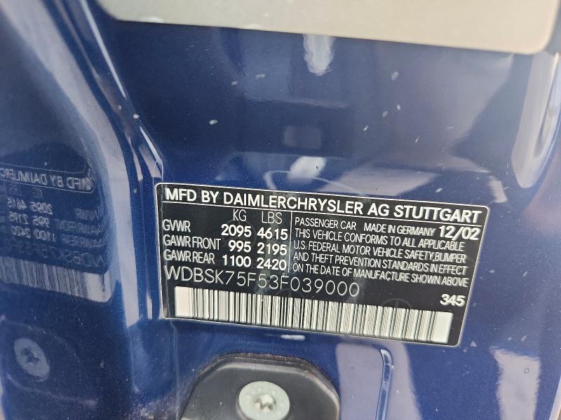 Aukcja sprzedaży 2003 Mercedes-benz Sl, vin: WDBSK75F53F039000, numer aukcji: 60502046