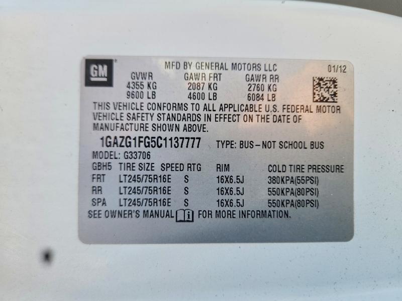 2012 Chevrolet Express G3500 მანქანა იყიდება აუქციონზე, vin: 1GAZG1FG5C1137777, აუქციონის ნომერი: 58985476