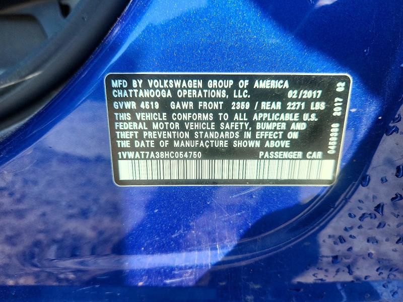 Продажа на аукционе авто 2017 Volkswagen Passat, vin: 1VWAT7A38HC054750, номер лота: 59692426