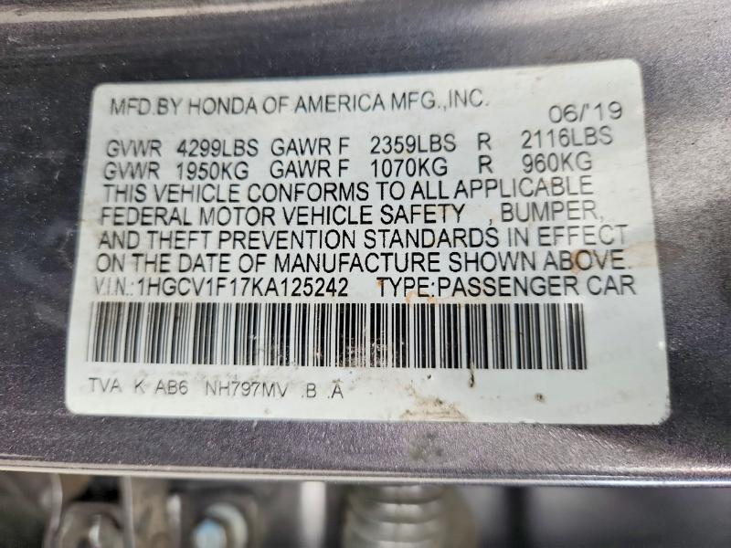 2019 Honda Accord მანქანა იყიდება აუქციონზე, vin: 1HGCV1F17KA125242, აუქციონის ნომერი: 62797276
