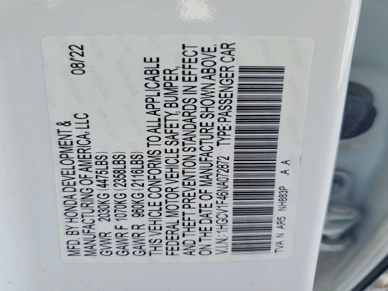 Продажа на аукционе авто 2022 Honda Accord, vin: 1HGCV1F46NA072872, номер лота: 59880126