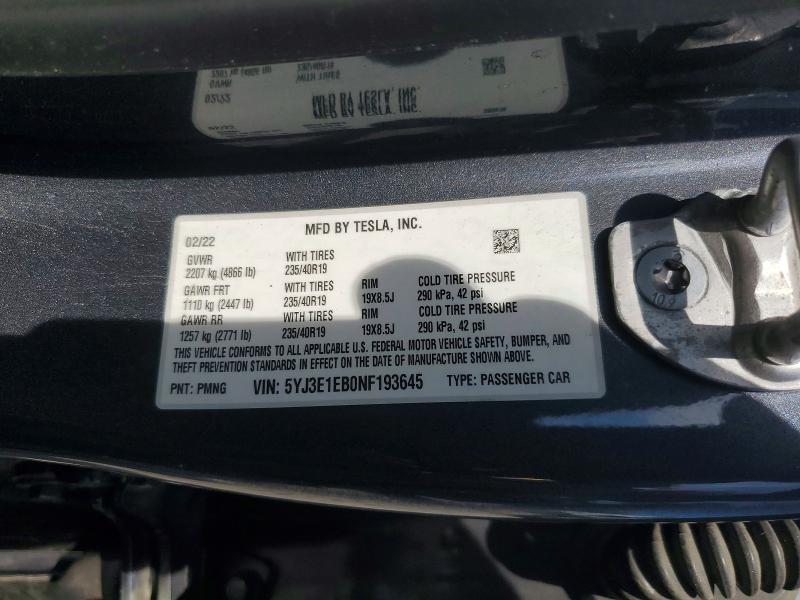 Продажа на аукционе авто 2022 Tesla Model 3, vin: 5YJ3E1EB0NF193645, номер лота: 61151806