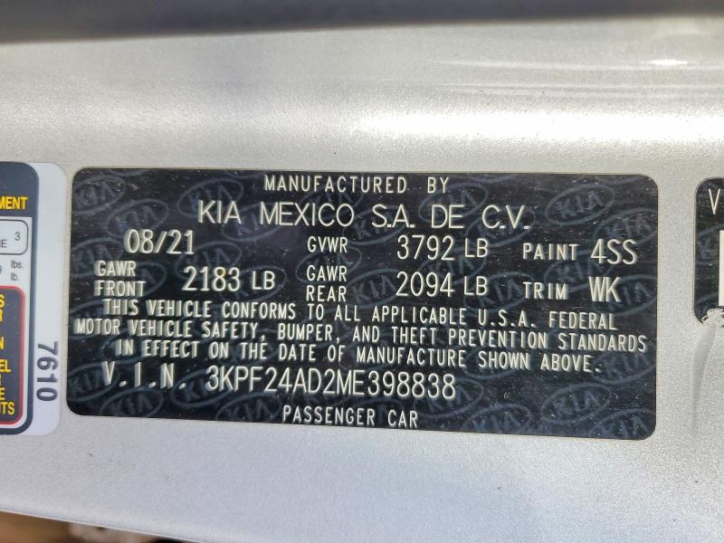 Aukcja sprzedaży 2021 Kia Forte, vin: 3KPF24AD2ME398838, numer aukcji: 59883046