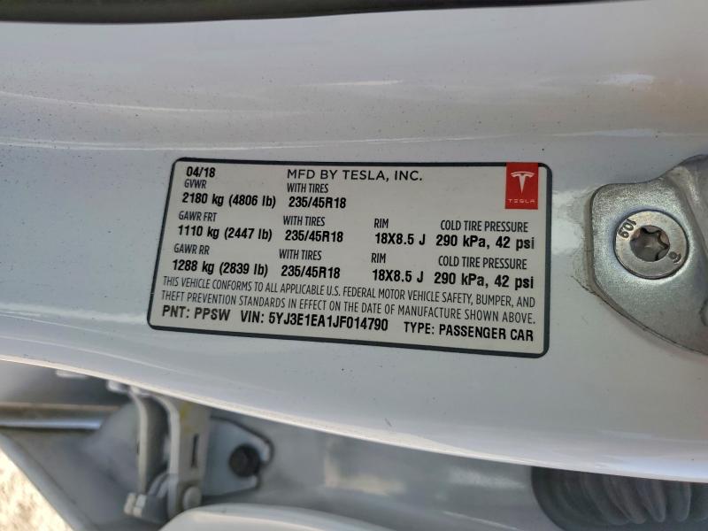 2018 Tesla Model 3 მანქანა იყიდება აუქციონზე, vin: 5YJ3E1EA1JF014790, აუქციონის ნომერი: 62076106