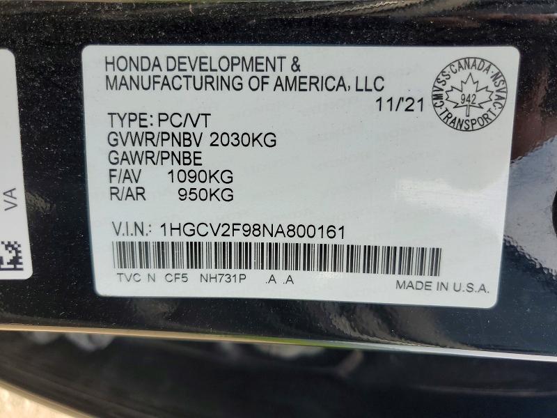 2022 Honda Accord მანქანა იყიდება აუქციონზე, vin: 1HGCV2F98NA800161, აუქციონის ნომერი: 60139586