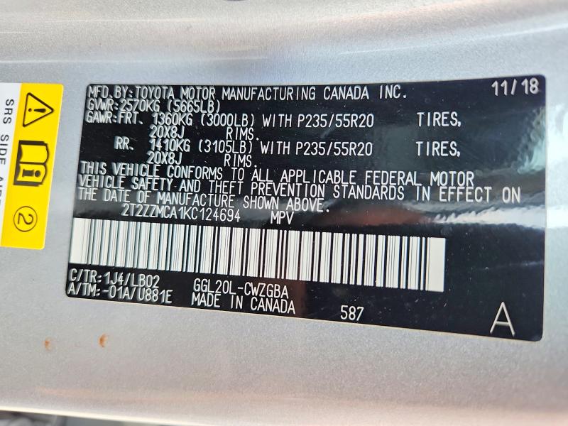60787106 :رقم المزاد ، 2T2ZZMCA1KC124694 vin ، 2019 Lexus Rx 350 مزاد بيع
