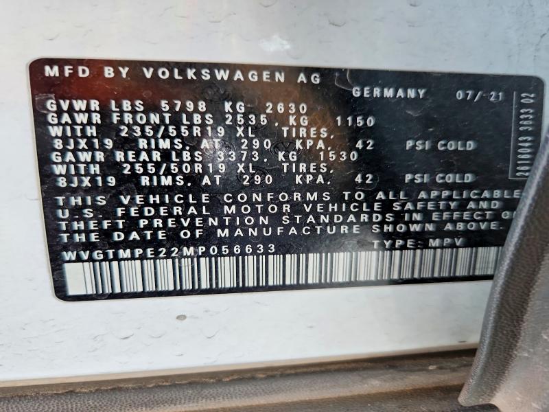 61053096 :رقم المزاد ، WVGTMPE22MP056633 vin ، 2021 Volkswagen Id.4 مزاد بيع