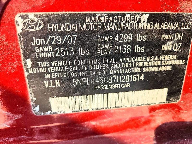 Aukcja sprzedaży 2007 Hyundai Sonata, vin: 5NPET46C87H281614, numer aukcji: 60795296