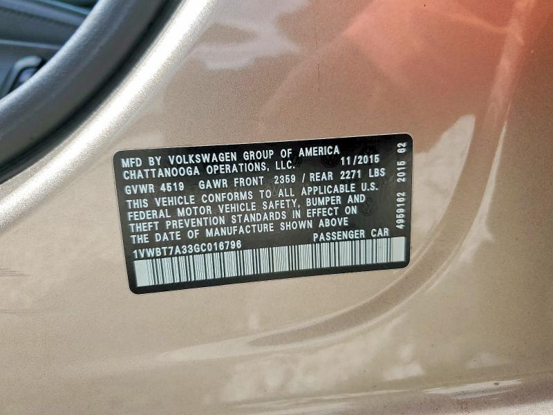 59922156 :رقم المزاد ، 1VWBT7A33GC016796 vin ، 2016 Volkswagen Passat مزاد بيع