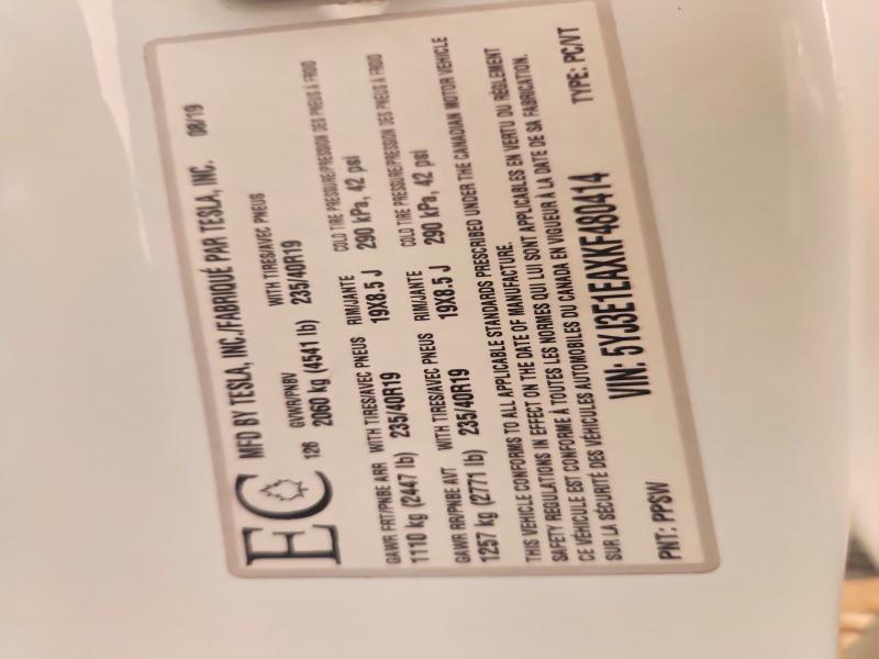 2019 Tesla Model 3 მანქანა იყიდება აუქციონზე, vin: 5YJ3E1EAXKF480414, აუქციონის ნომერი: 60847426
