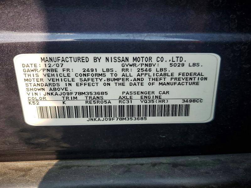 60975906 :رقم المزاد ، JNKAJ09F78M353685 vin ، 2008 Infiniti Ex35 مزاد بيع