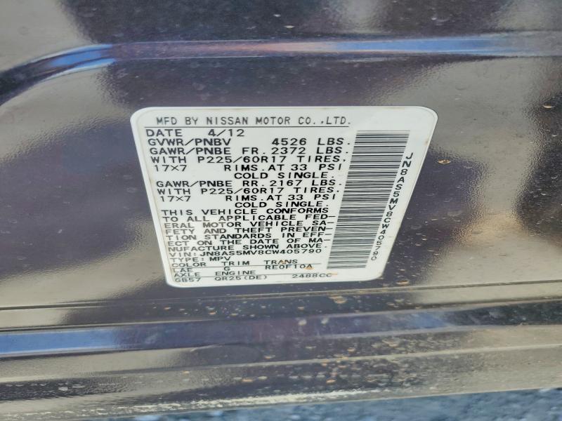 60140406 :رقم المزاد ، JN8AS5MV8CW405790 vin ، 2012 Nissan Rogue مزاد بيع