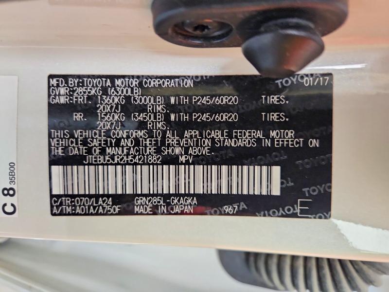 Aukcja sprzedaży 2017 Toyota 4runner, vin: JTEBU5JR2H5421882, numer aukcji: 61586156