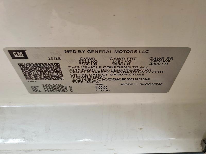 Продаж на аукціоні авто 2019 Chevrolet Tahoe, vin: 1GNSCCKC0KR209334, номер лоту: 61807186