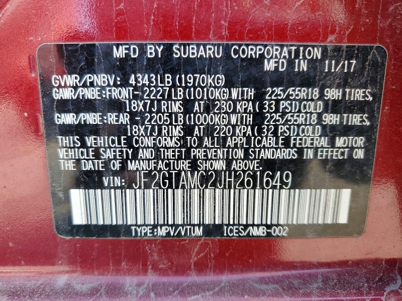 62045456 :رقم المزاد ، JF2GTAMC2JH261649 vin ، 2018 Subaru Crosstrek مزاد بيع