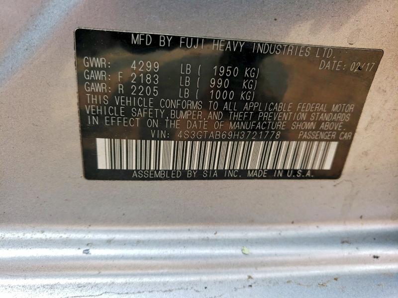 60399626 :رقم المزاد ، 4S3GTAB69H3721778 vin ، 2017 Subaru Impreza مزاد بيع