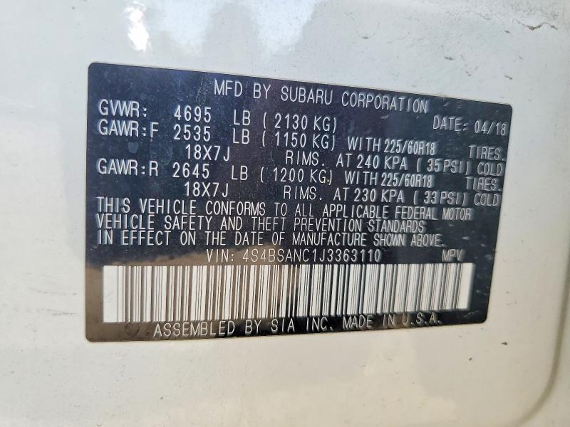 60748026 :رقم المزاد ، 4S4BSANC1J3363110 vin ، 2018 Subaru Outback مزاد بيع